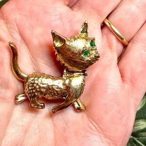 Vintage Gold Cat Brooch with Green Eyes 1.5” Height